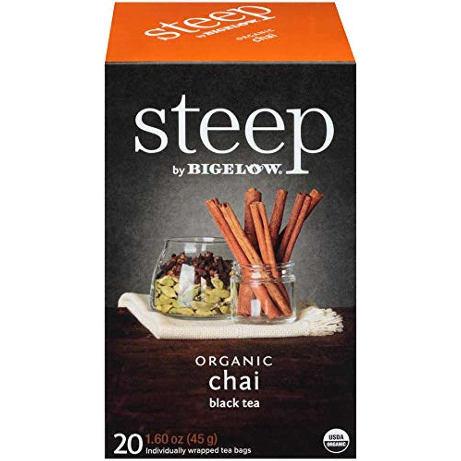 Steep Organic Chai Black Tea 20 Count Box, Certified Organic, Gluten-Free, Kosher Tea In Foil-Wrapped Bags