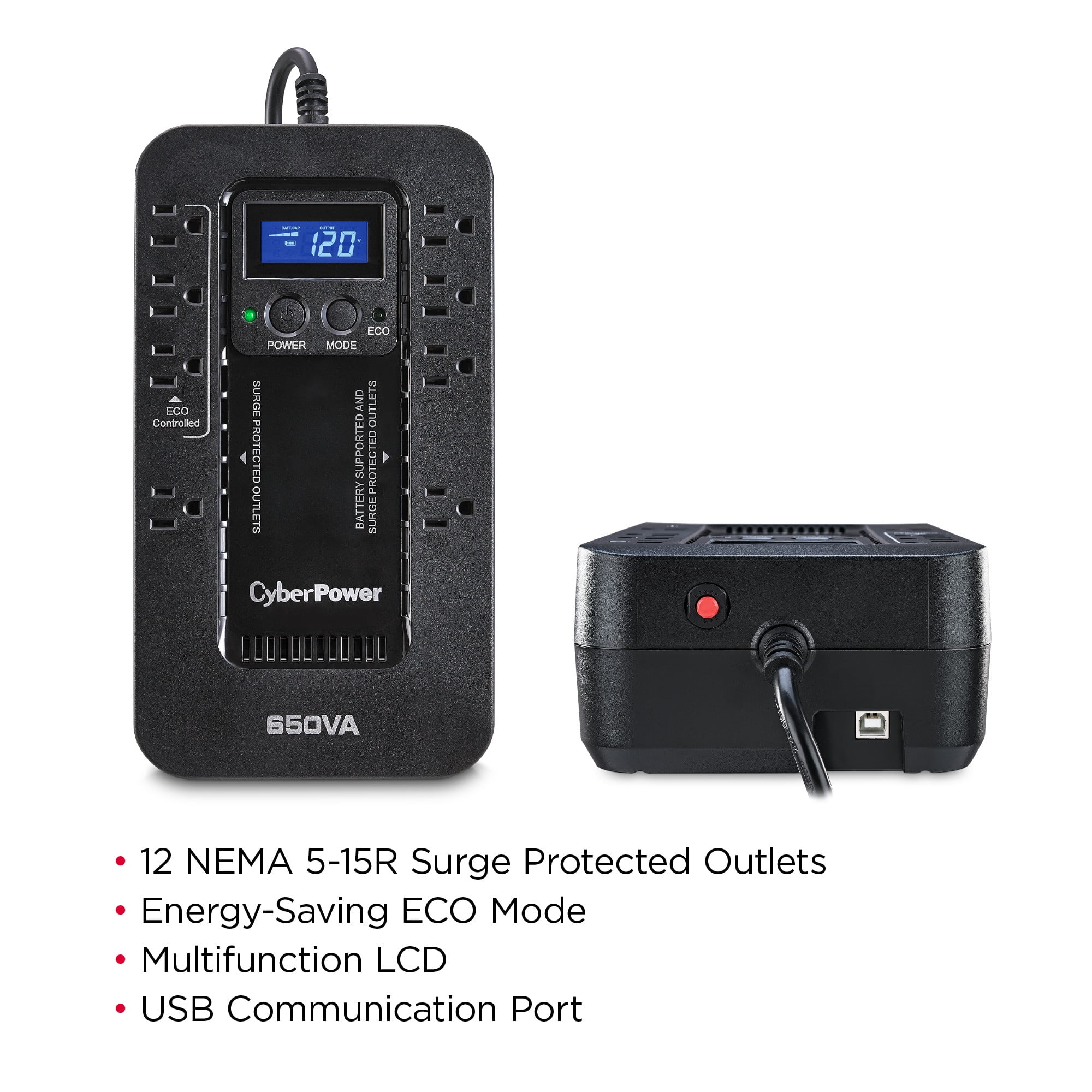 CyberPower EC650LCD UPS, 650VA/390W, 120V, 8 Outlets, LCD Display, ECO Mode, 5 ft Cord, Black