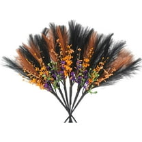 6 Pcs 20inch Artificial Black Orange Pampas Grass Stems Halloween Branches Picks with Faux Glitter Berries Stems Fake Twig Bush Branches for Vases Haunted House Gothic Floral Decor