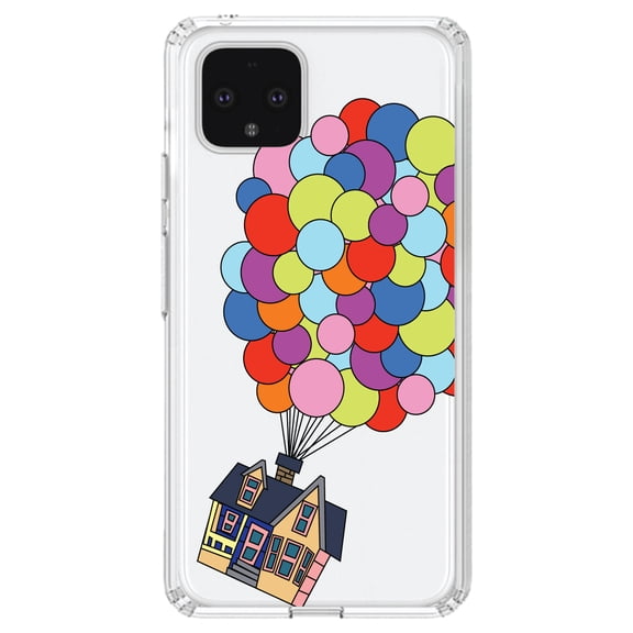 DistinctInk Clear Shockproof Hybrid Case for Google Pixel 4 (5.7" Screen) - TPU Bumper, Acrylic Back, Tempered Glass Screen Protector - Balloons Lifting House