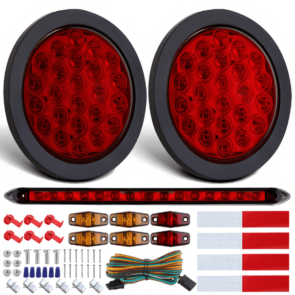 SWOEBTH 1 Set 4-Inch Round LED Trailer Tail Light Kit, 24 LEDs Stop Turn Tail, 13.8-Inch Light Bar, 6 Marker Lights, 25ft Wiring Harness