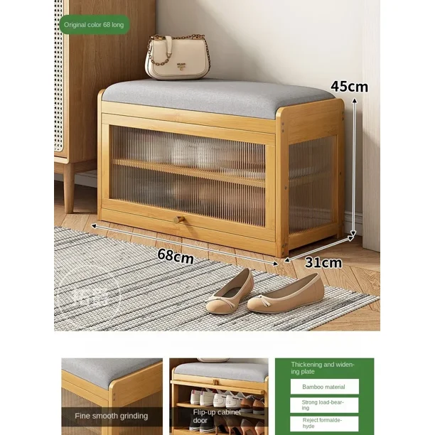 Zapatero de madera maciza con respaldo de asiento acolchado, taburete largo con espacio de almacenamiento oculto, banco de entrada con zapatero
