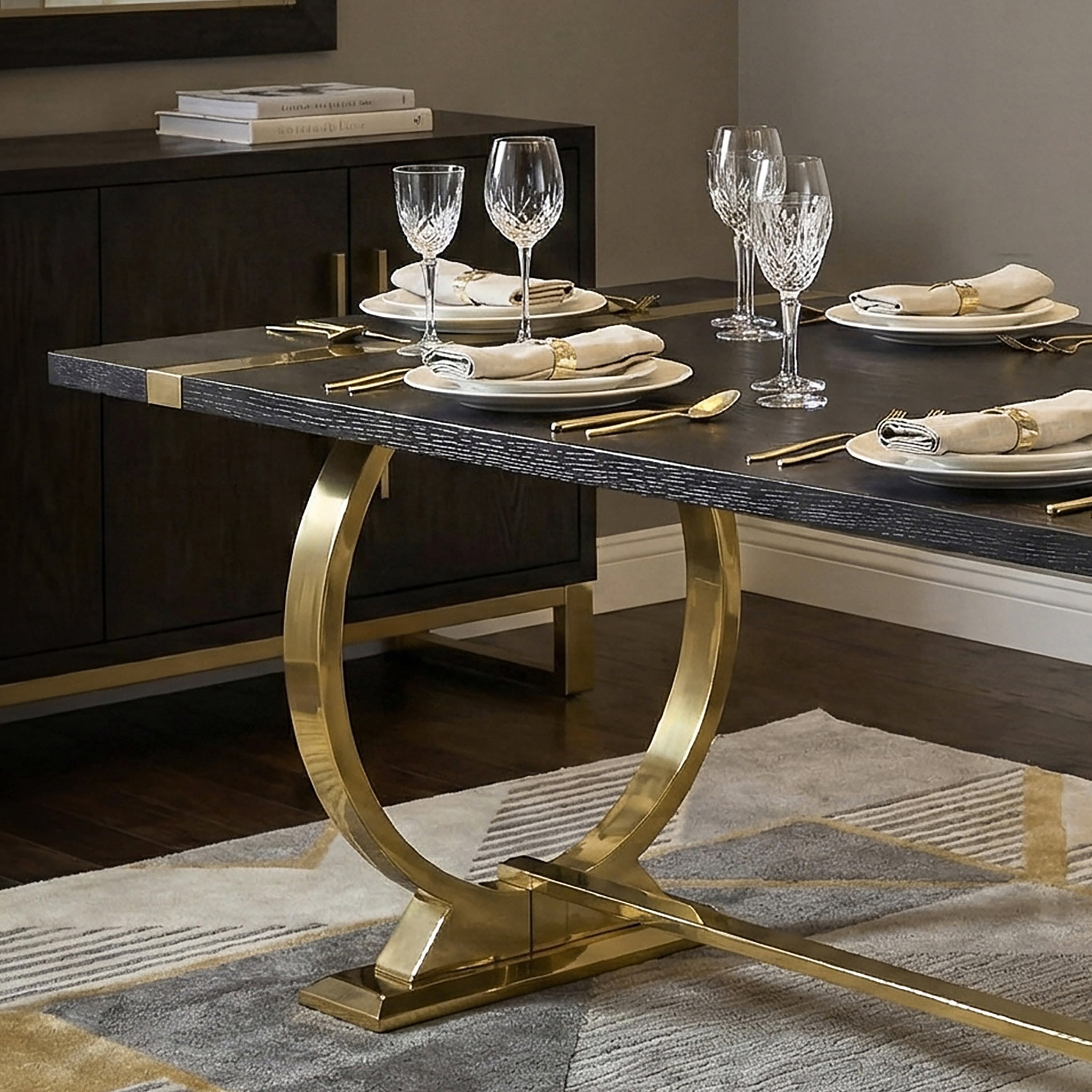 Furniture of America Gaius Glam Wood 80" Rectangle Dining Table with O-Shaped Stainless Steel Trestle Base, Black and Gold