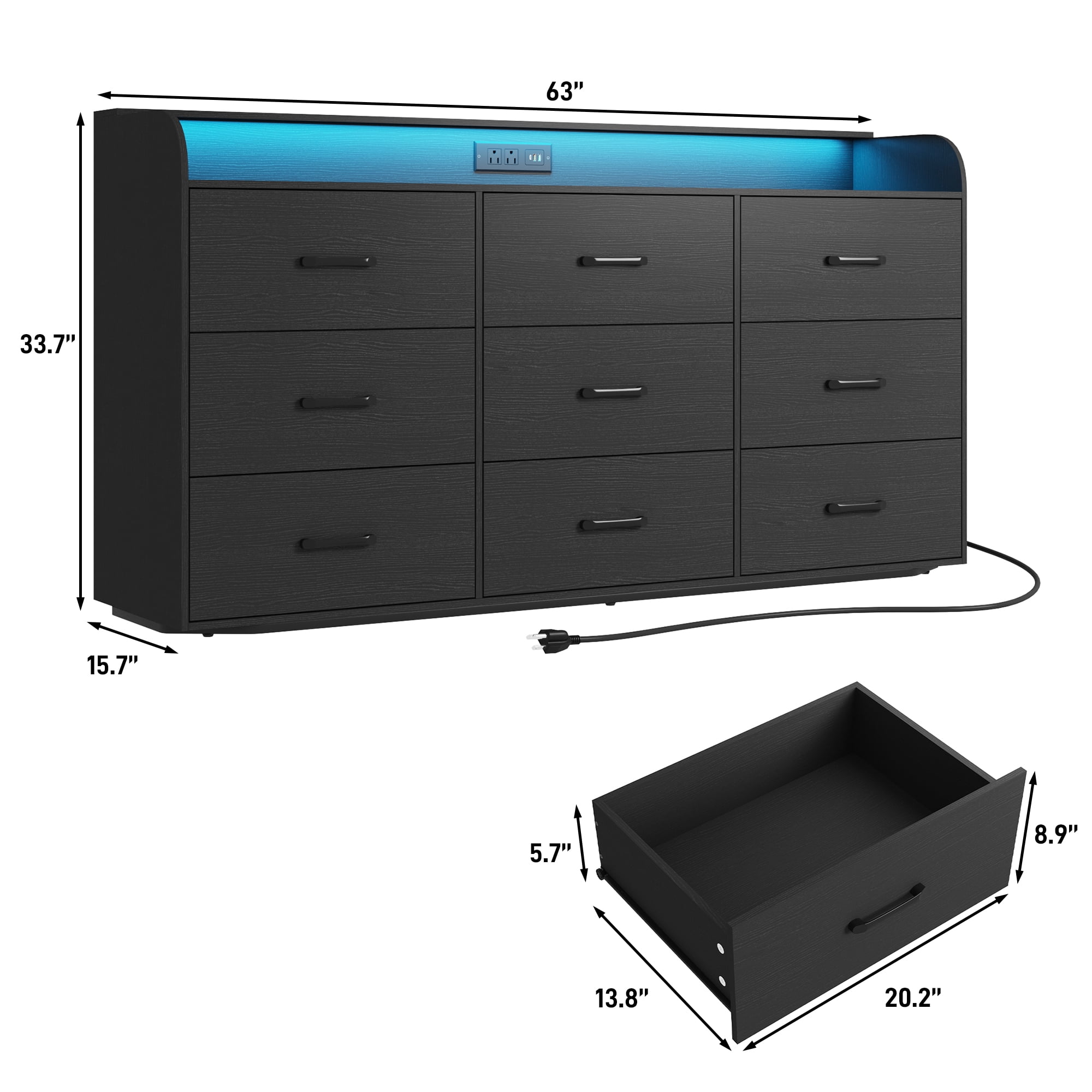 9 Drawer Dresser for Bedroom, 63" Large Long Wood dresser with Power Outlet, LED Light and Deep Big Drawers, Modern Minimalist Black Dresser Wide Chest of Drawers for Bedroom, Living Room