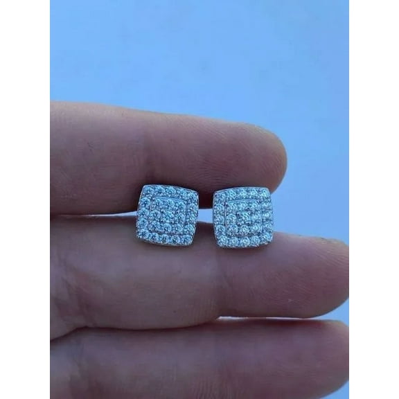 Real Solid 925 Sterling Silver Lab Created Diamond Earrings Screw Back Square Men's