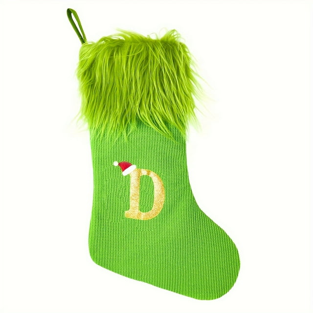 Classic Green Knitted Christmas Stockings with Lettering, 18-inch Festive Hanging Socks for Home Fireplace Decor, Polyester, No Feathers, for Christmas, Halloween, Thanksgiving, Fall, Summer - 1pc