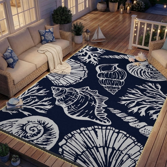SIXHOME 8'x10' Waterproof Reversible Outdoor Rug with LED Strip Lights, Coastal Ocean-Inspired Patio Rug, Lightweight Woven Plastic Carpet for RV, Camping, Deck & Balcony, Dark Blue