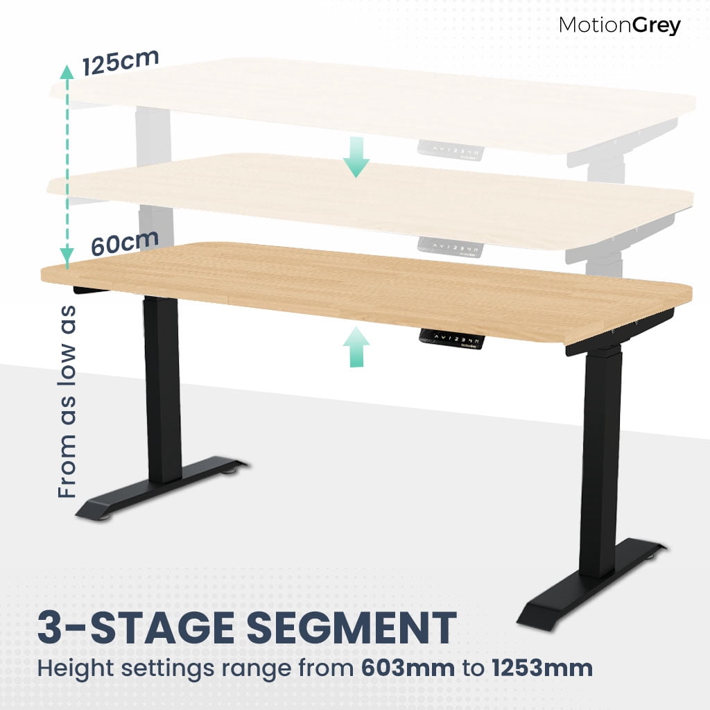 MotionGrey Height Adjustable German Electric Dual Motors Sit to Stand Standing Desk - White Frame with Black Tabletop (140cmx71cmx2.5cm)