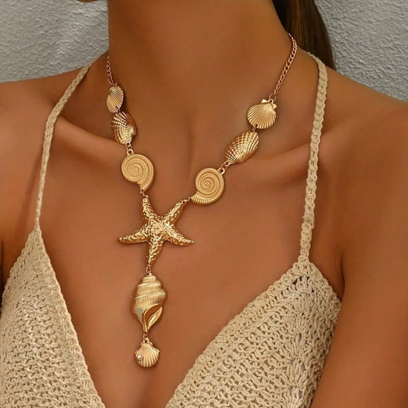 Y-Shape Ocean Vacation Necklace - Bohemian Starfish & Seashell Pendant Necklace, Perfect Beach Holiday Gift for Women & Friends