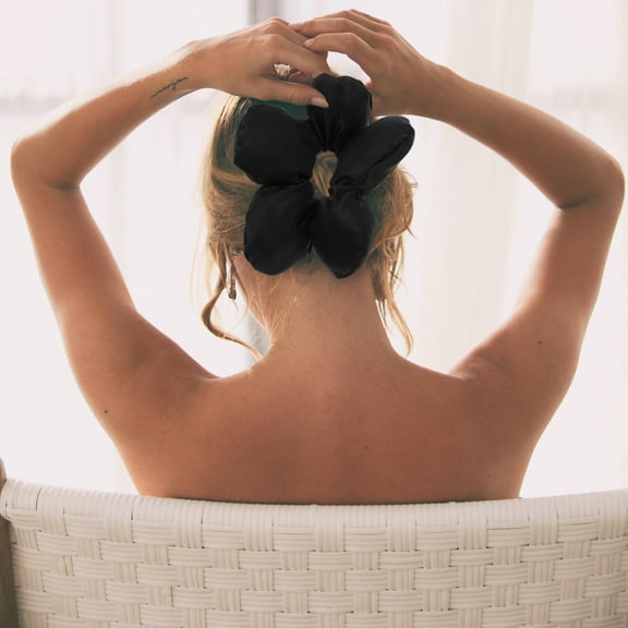 Raindrops Big Flower Black Scrunchie for Thick Hair Fabric Ponytail Holder for Decoration