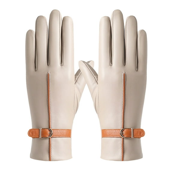 UJNDER Ladies' 2025 Autumn and Winter Solid Color Versatile Windproof Thick Cold Leather Gloves for Stylish Beige