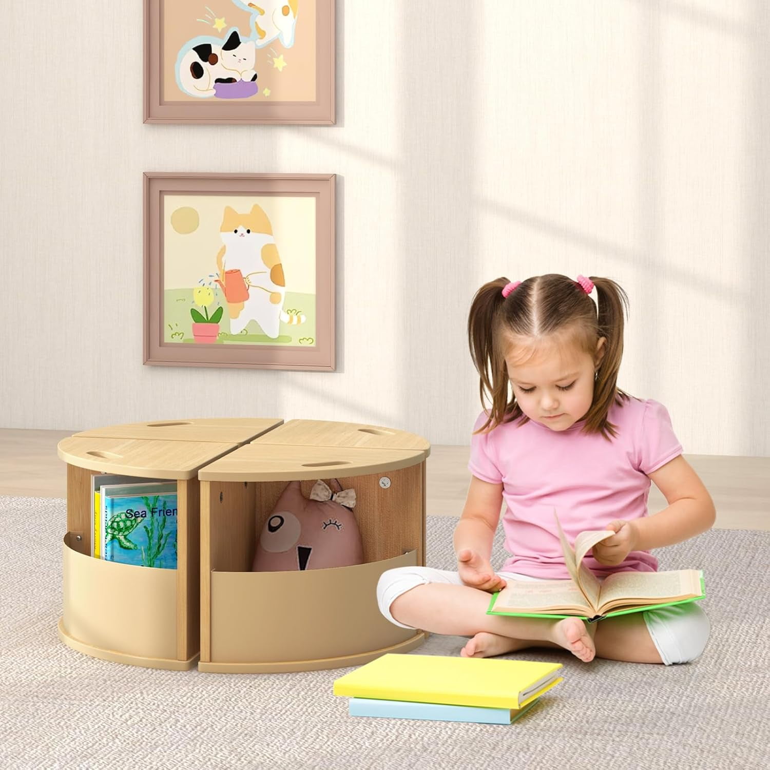 OLAKIDS Toddler Table and Chair Set with 4 Storage Stools, Wooden Flower Shaped Nesting Table with Blackboard Drawers, Children Multi-Activity Table for Art Crafts Draw Read Boys Girls 3+