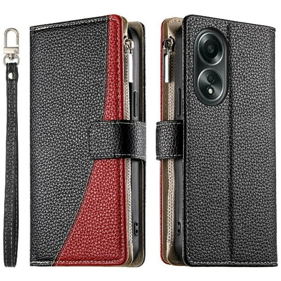 Funda cartera GANGXUN para OPPO A58 4G , cuero PU con tarjetero, cremallera, correa de mano, soporte y protección 481°