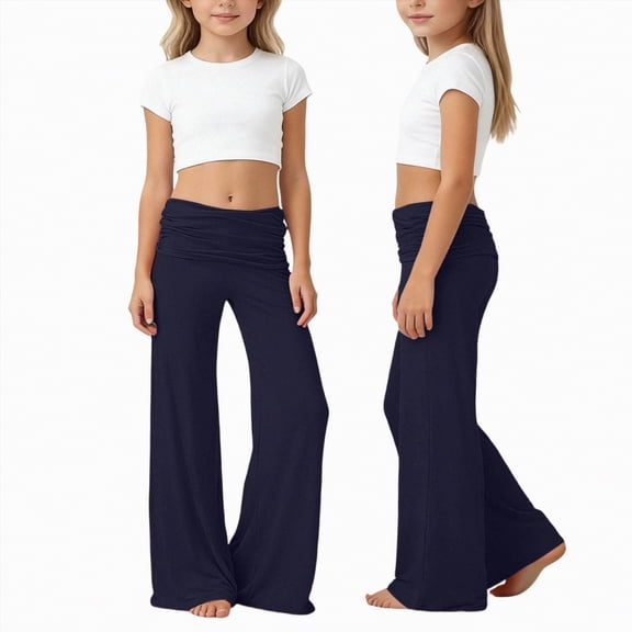 kpoplk Girls Straight Wide Leg Track Pants Elastic Waist Casual Baggy Athletic Pants Loose Jogger Sweatpants for 8-12 Years(Navy,13-14 Y)
