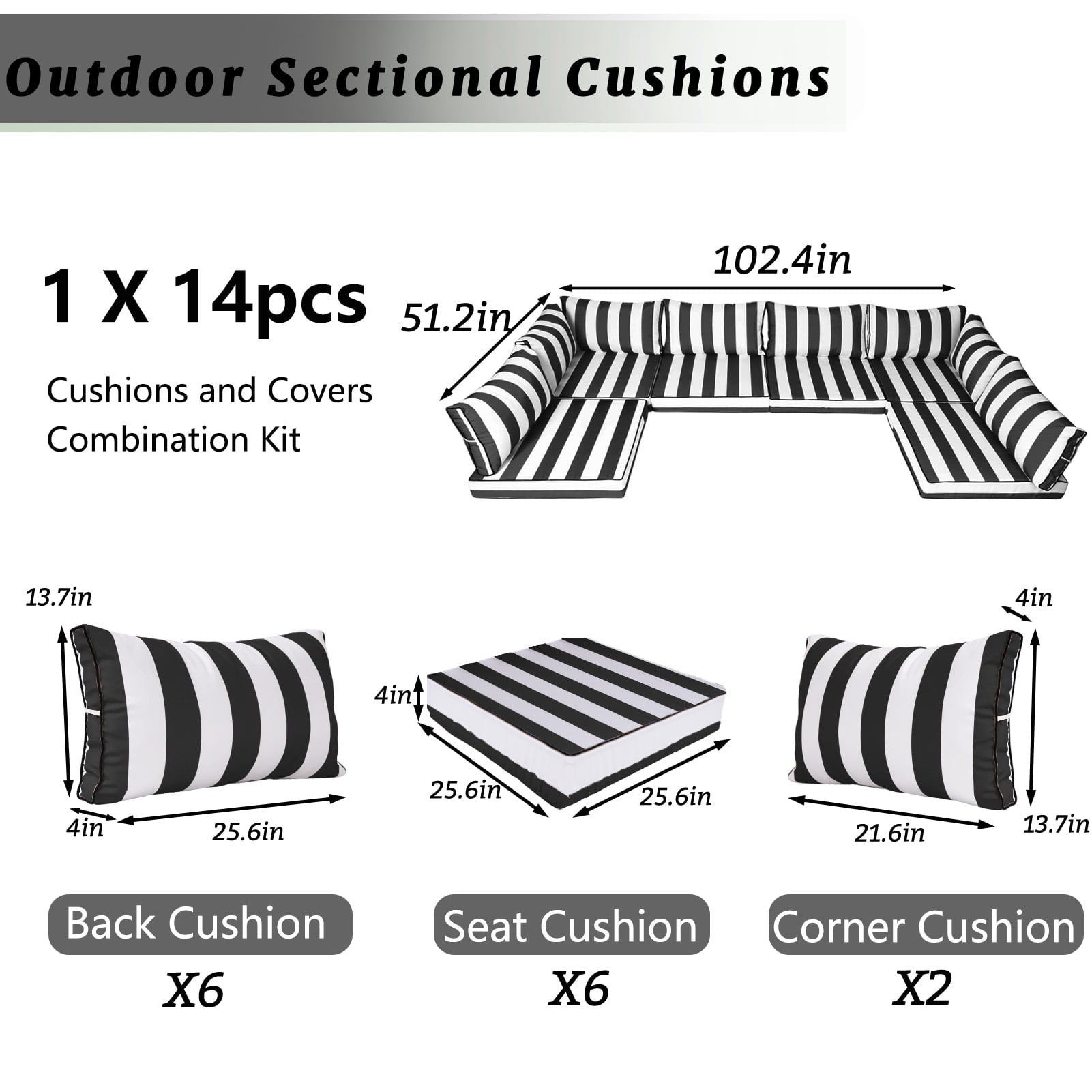 SDJPOI Patio Furniture Sectional Cushions, 14 Piece Waterproof Outdoor Sofa Cushion Replacement(black white)