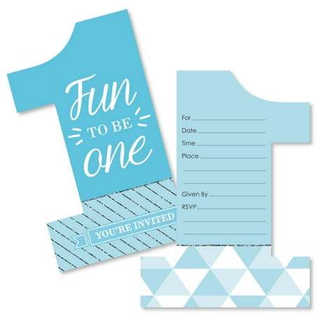 First Birthday Cupcake Invitations (1st Birthday Boy - Fun To Be One - Shaped Fill-In Invitations - First Birthday Party Invitations - Set of)