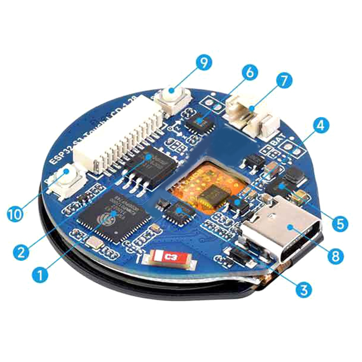 ESP32-S3 Development Board, 32-Bit LX7 Dual-Core Processor, 1.28inch Touch Roun IPS, Supports WiFi/Bluetooth