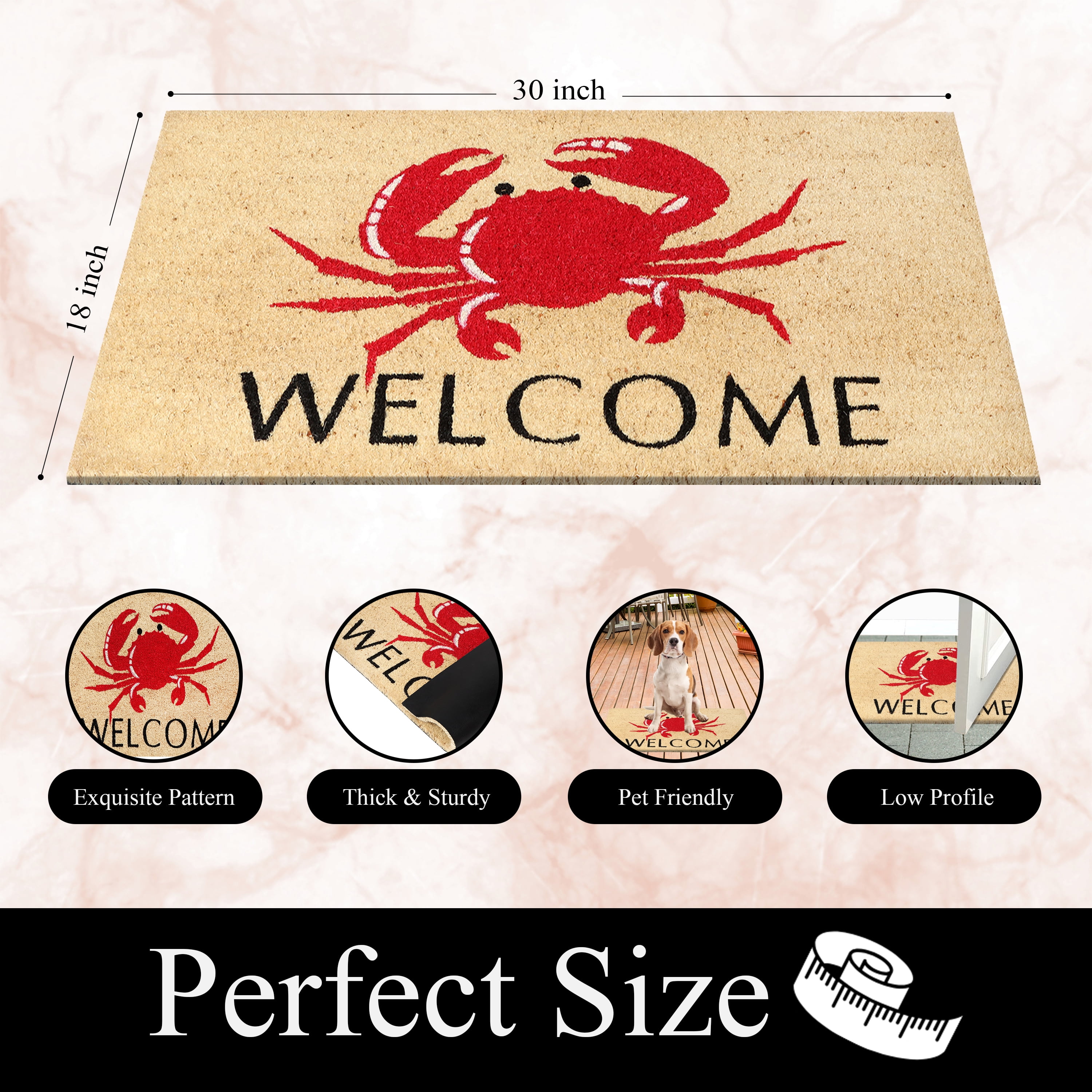 A1HC Natural Coco Coir Doormat, Red Crab Welcome, 18"x30", Durable Outdoor Welcome Mat, Non-Slip, Easy to Clean, Pet Friendly