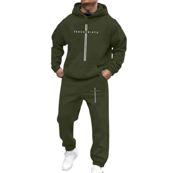 Aihuaihua Jesus Sweatsuits 2 Piece for Men Religious Letter Graphic Print Sportswear Gym Workout Sets Pullover Hoodies and Sweatpants Army Green XXXL