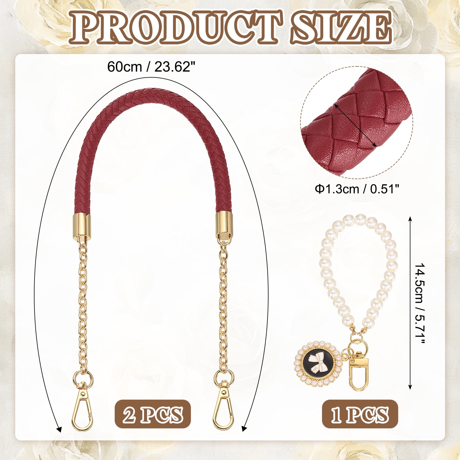 Uxcell 2 Pcs PU Leather Chain Purse Strap, 23.6 Inch Braided Purse Handles Replacement Strap with Pearl Pendant for Tote Bag Handbag Underarm Bag (Wine Red, Light Gold Chain)