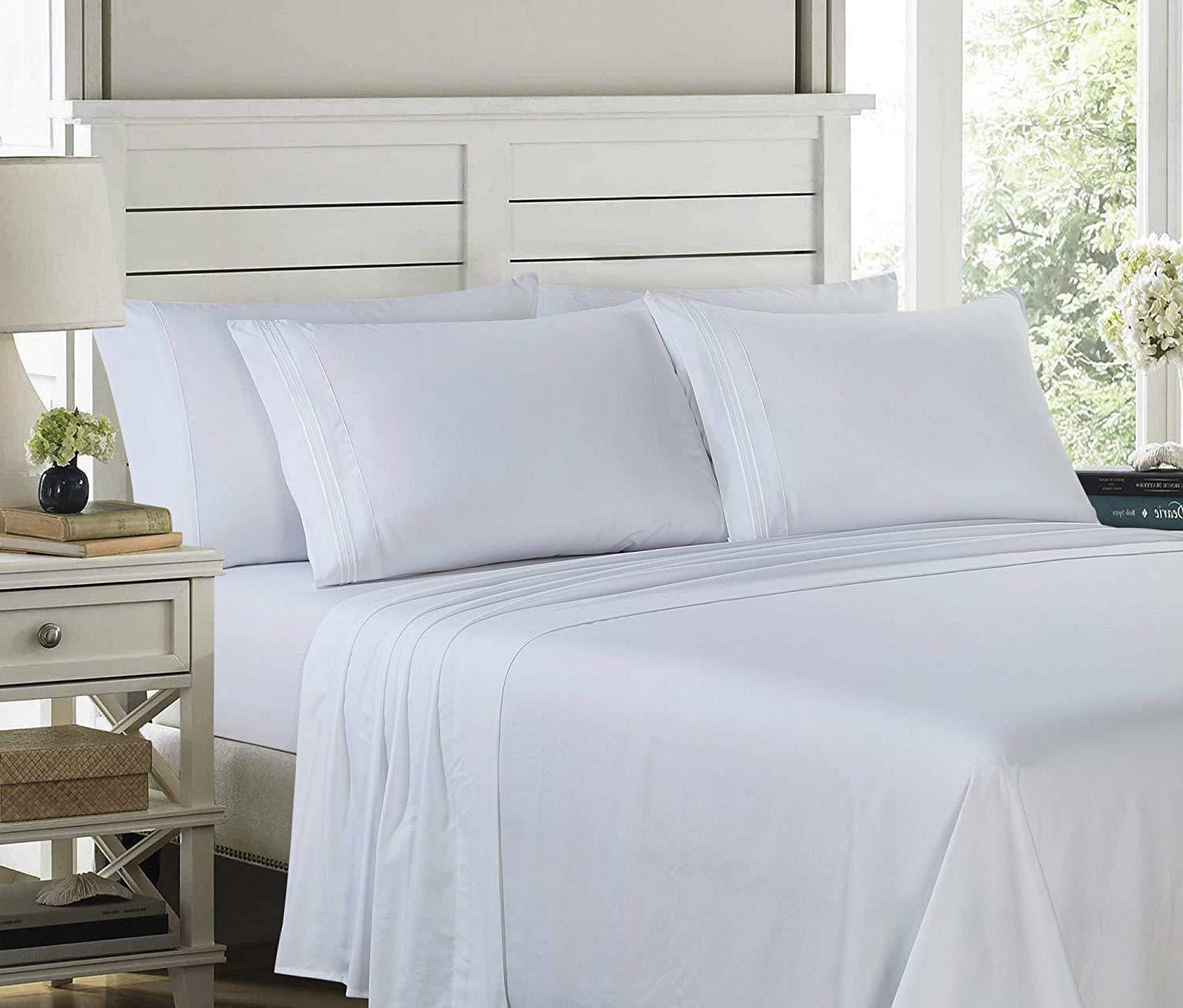 Plain Microfiber Bed Sheet Set(White ,Queen) Deep Pocket Bed Sheet Set 1800 Series 4 pieces (1