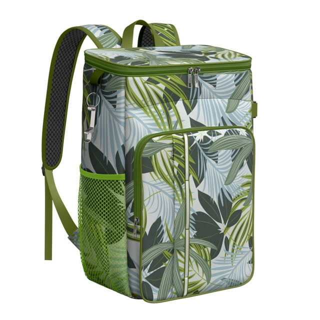 Botanical Floral Insulated Backpack Cooler, Leakproof Cooler Bag with Tropical Leaf Pattern for Beach and Camping