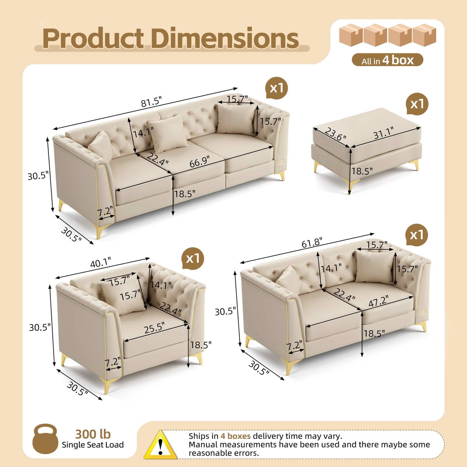 MAYEERTY Light Luxury Modular Chesterfield Sectional Sofa Set, Faux‑Leather Combination with Button Tufting, Metal‑Trim Armrest & Slim Metal Legs, 6 Pillows Included for Living Room