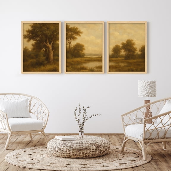 Framed Print Wall Art Set of 3 - Vintage Country Landscape Poster Art - 3 Pieces Rustic Farmhouse Wall Decor for Living Room - 12"x16"x3 Natural