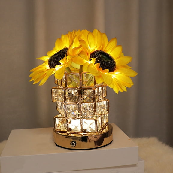 Sunflower Table Lamp Dimmable LED Artificial Flower with Glass Vase Rechargeable 1200mAh Battery Soft Light Home Bedroom Living Room Romantic Decor Unique Gift for Women Her