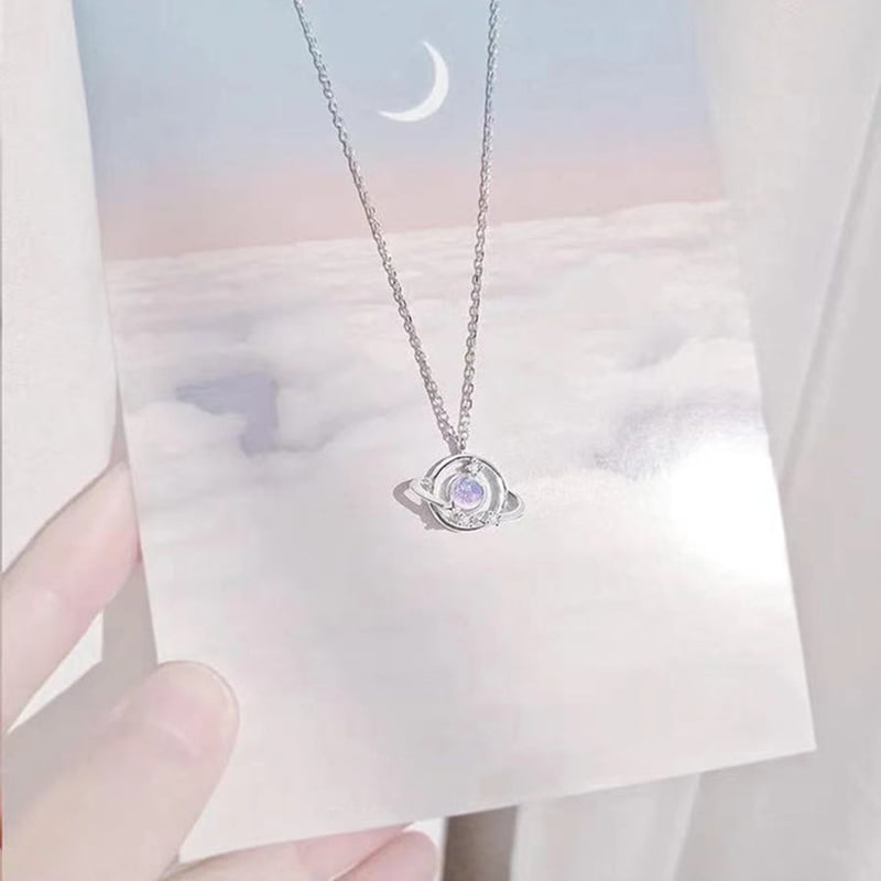 Women's Custom Locket Closure Pendant Necklace Gray Planet Galaxy Moon Included Free Chain Best Gift Set