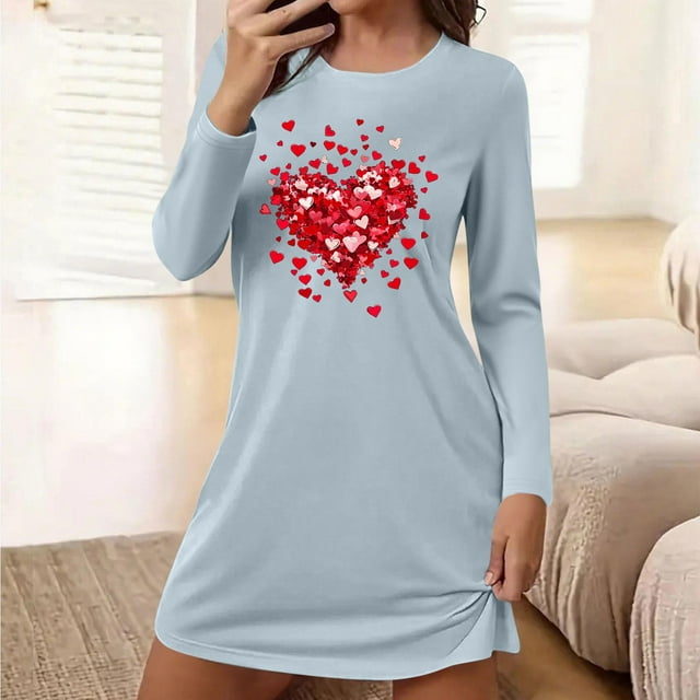 Camisón corto holgado y cómodo con cuello redondo y manga larga estampado para mujer