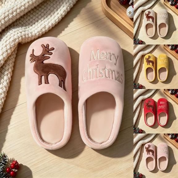 Zylanna Girls Slip‑On House Slippers, with Embroidered Motif Loose Fit Slip‑Resistant Warm Plush Festive Holiday Indoor Footwear Khaki