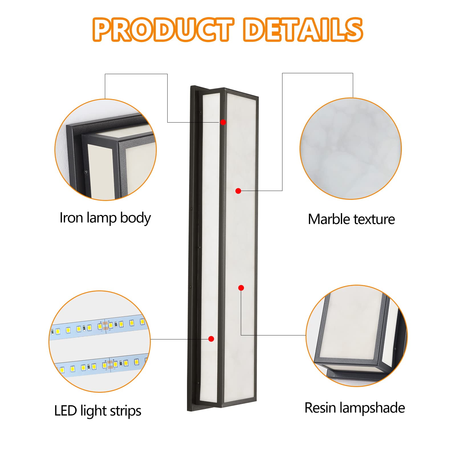 Outdoor Wall Sconce 24W Modern Wall Lights Rectangle Exterior Light Fixture Black LED Porch Lighting with Marble Texture Resin Lampshade Wall Lamp IP65 for Indoor,Patio,Garage,Courtyard(32.6in)