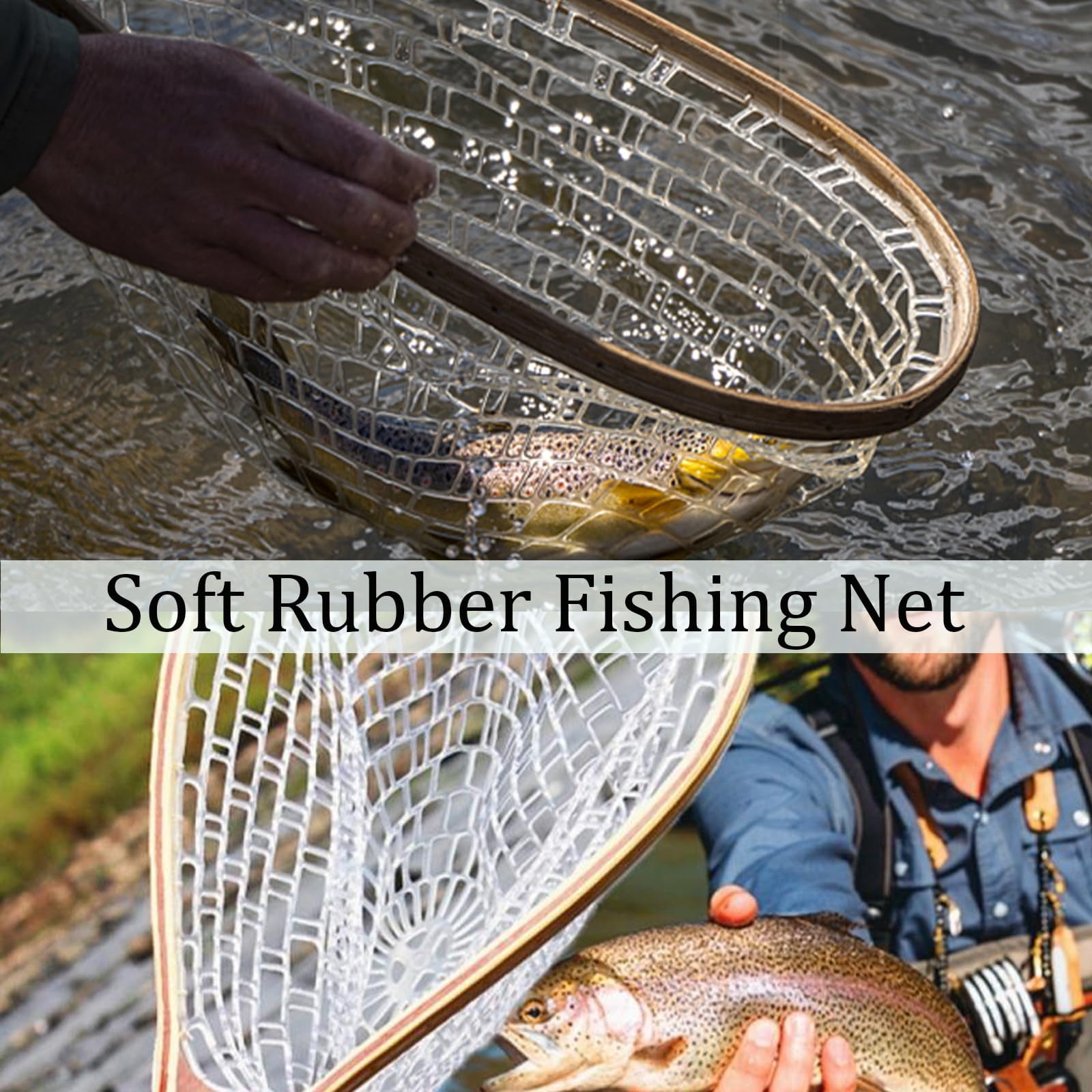 Fly Fishing Landing Net with Wooden Handle – Lightweight Knotless Rubber Mesh Design for Safe Fish Handling, Ideal for Trout, Bass, and Other Freshwater Species in Rivers, Lakes, and Streams