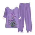 thumbnail image 1 of Wyzesi Ensemble de Shorts pour Femmes sous Robes Femmes Imprimé Fleur Violette Décontracté Coton et Lin Chic Col Rond Manches Trois-Quarts Pantalon Ensemble Deux Pièces Shorts de Compression pour Femmes Longueur Genou, 1 of 2
