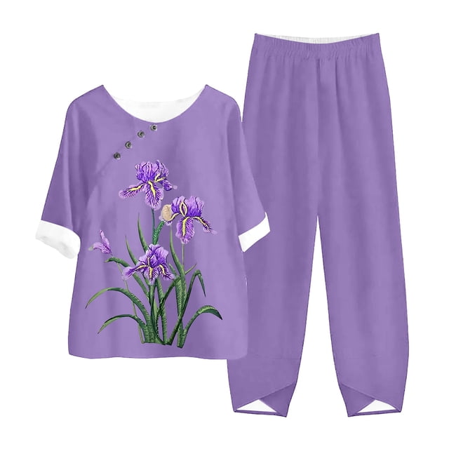 Wyzesi Ensemble de Shorts pour Femmes sous Robes Femmes Imprimé Fleur Violette Décontracté Coton et Lin Chic Col Rond Manches Trois-Quarts Pantalon Ensemble Deux Pièces Shorts de Compression pour Femmes Longueur Genou