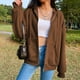 thumbnail image 4 of Sudadera con capucha retro para mujer, con cremallera, color liso, color café, talla M, 4 of 8