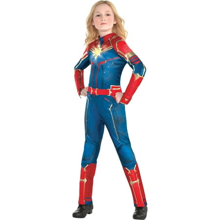 Light-Up Captain Marvel Halloween Costume for Girls, Superhero Jumpsuit, Large
