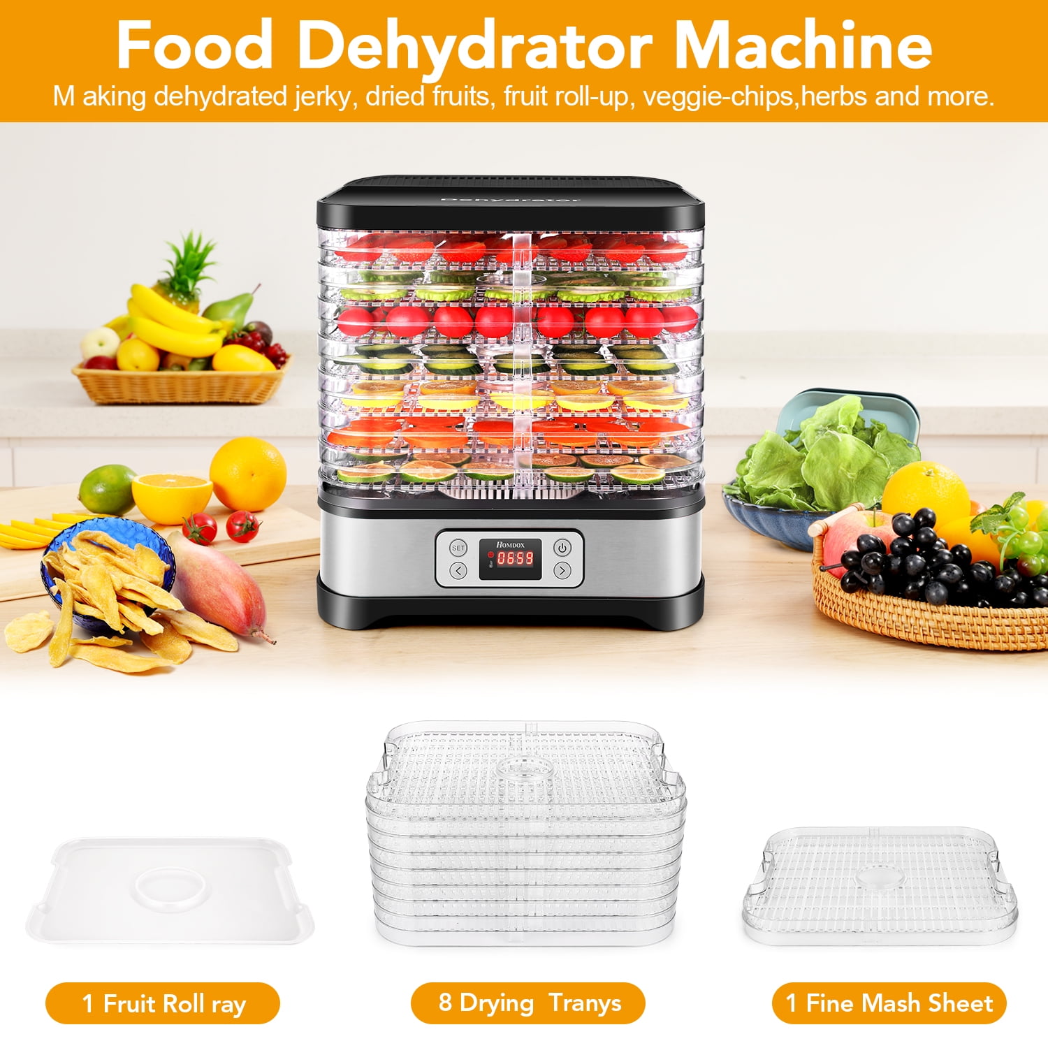 Homdox 8 Trays Food Dehydrator Machine with Fruit Roll Sheet, Digital Timer and Temperature Control, Dehydrators for Food and Jerky, Meat, F