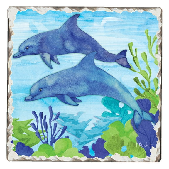 Absorbent Stone Tumbled Tile Coasters, Dolphin Duo, Set of 4
