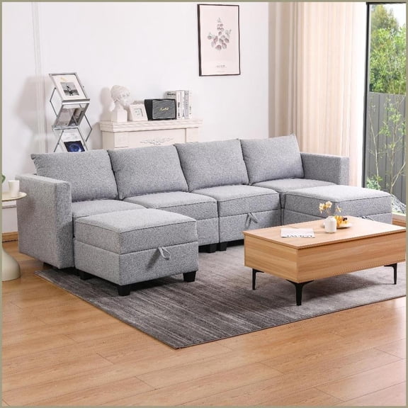 4-Seat Convertible U-Shaped Modular Sectional Sofa with Reversible Chaise & Storage - Soft Fabric, Solid Wood Frame | Light Grey | Square Arms | Cushion Back