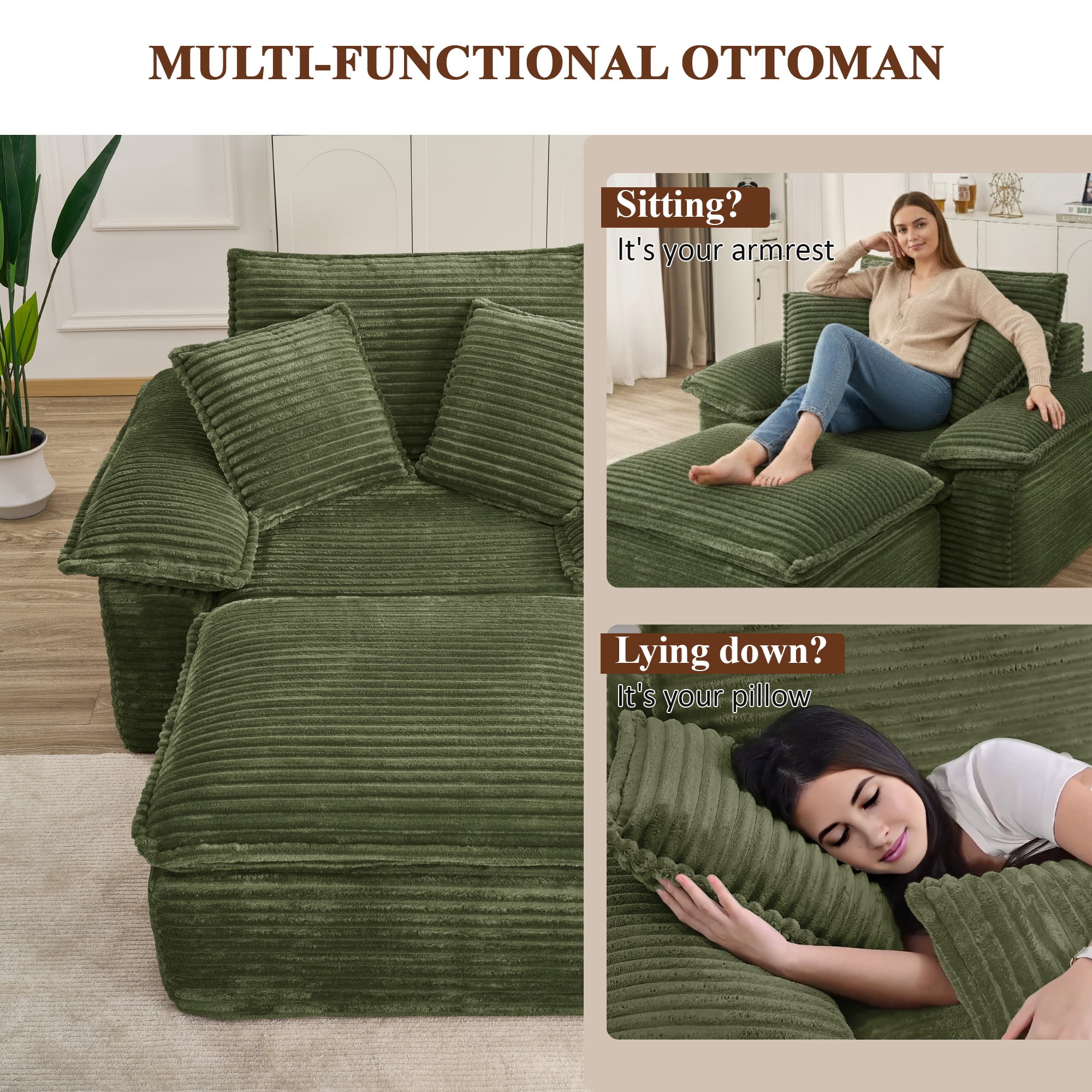 Aukfa 63.5" Oversized Chaise Lounge Sofa with Movable 2-Layer Ottoman, Deep Seat Boneless Couch, Corduroy Lounge Chair, Green