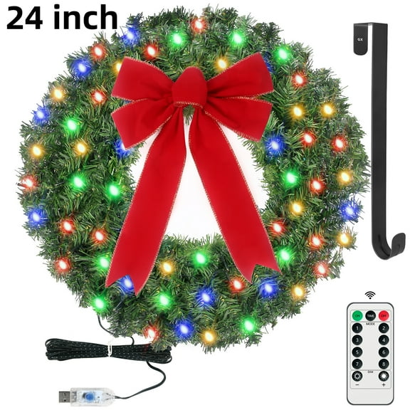 24inch Christmas Wreath USB 50 Multicolored Lights with Remote and Hanger for Indoor Outdoor Decor