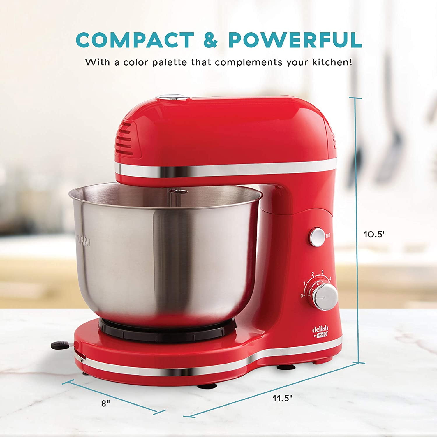 Delish by DASH Compact Stand Mixer Quart with Beaters & Dough Hooks Included - Red (DCSM350GBRD02) -