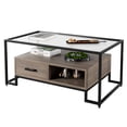 thumbnail image 3 of Homhougo Coffee Table Tempered Glass, Rectangle Center Table with 2 Drawers and Storage Shelf, Vintage Glass Top Accent Table for Home Living Room, Apartment, Office, Black & Rustic Brown, 3 of 17