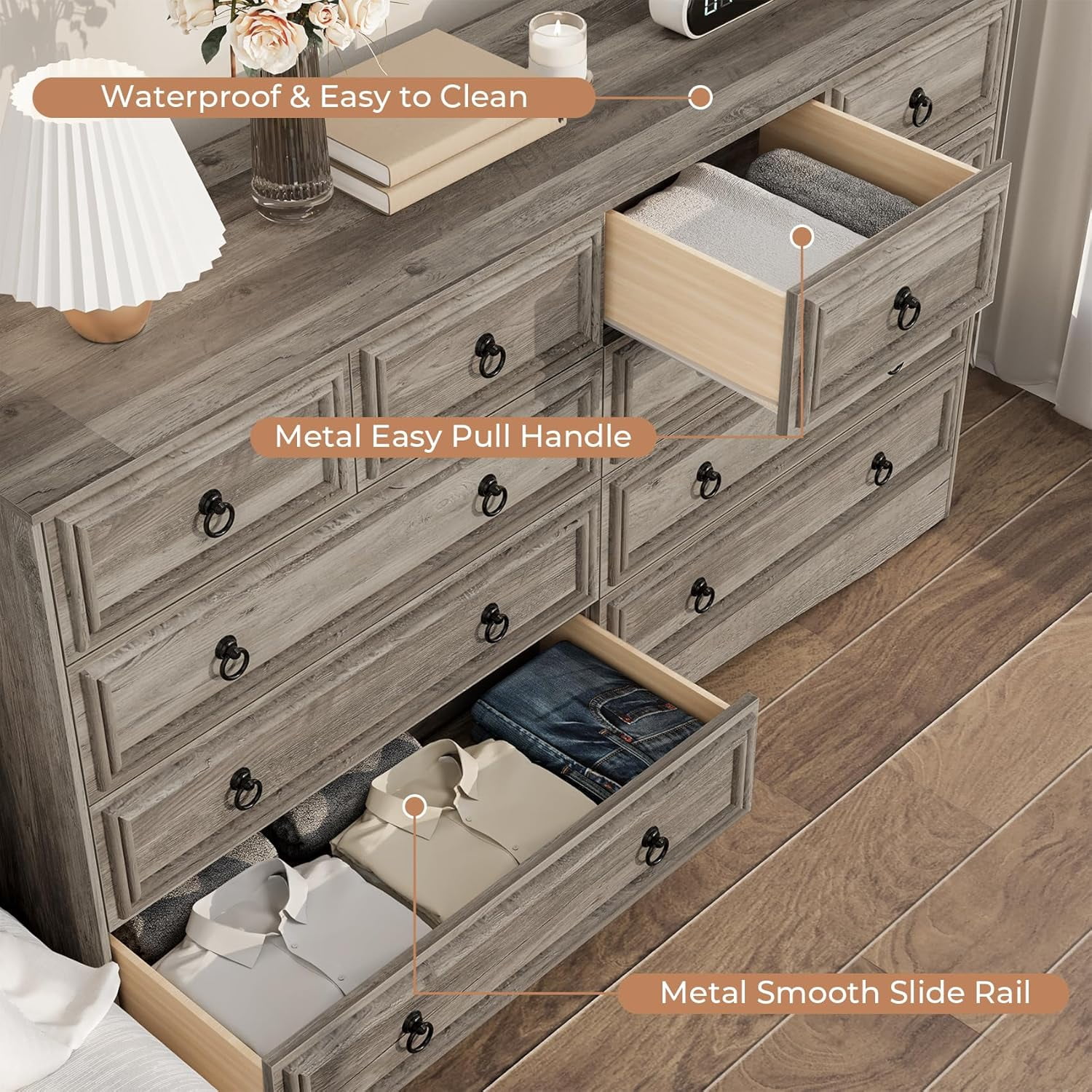 Meteorleg 10 Drawers Dresser for Bedroom, 55.2 Inch Wide Large Dressers & Chests of Drawers, TV Stand for 65 inch, Storage Organizer Furniture, Hallway, Entryway, Closet,Gray