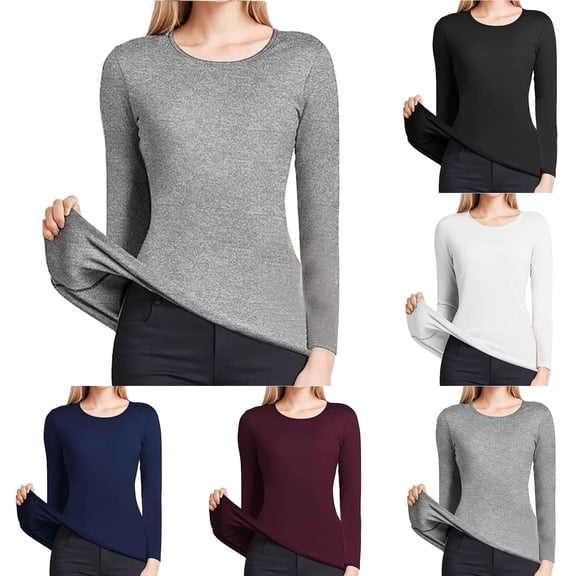 Thermal Undershirt for Women Long Sleeve Stretch Shirts Solid Color Round Neck Pullover Lined T Shirt Base Layer Tops Thermal Warm Soft Innerwear Everyday Comfort Womens Undershirts