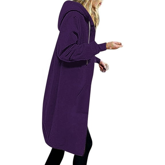 Qetyuw Long Hoodies for Women Zip Up Knee Length Jacket with Pocket Fall Fleece Sweatshirt Lightweight Long Sleeve Coat