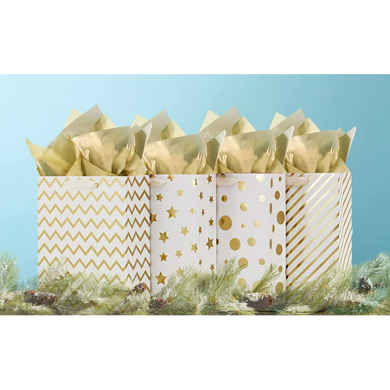Paper Fair UNIQOOO 12pcs Metallic Gold Christmas Gift Bags Bulk with 12 Sheets Gold Tissue Paper, Large 12.5 inch, Assorted Modern Geometric Paper Gift Wrap Bag