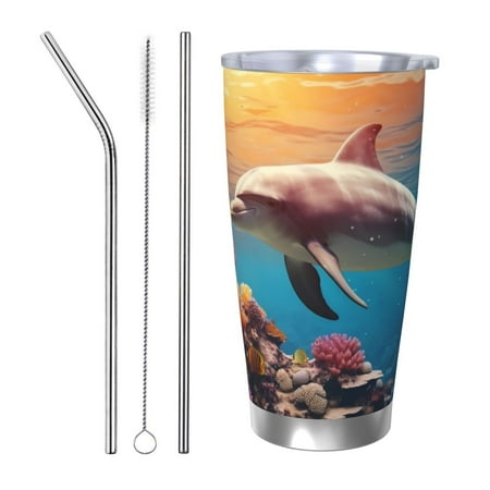 

Zeuib Underwater Plant Dolphin Printed 20oz Stainless Steel Insulated Car Cup Stainless Steel Thermal Cup Vacuum Insulated Leak-proof Travel Mug Cup-Straw Three-piece Set